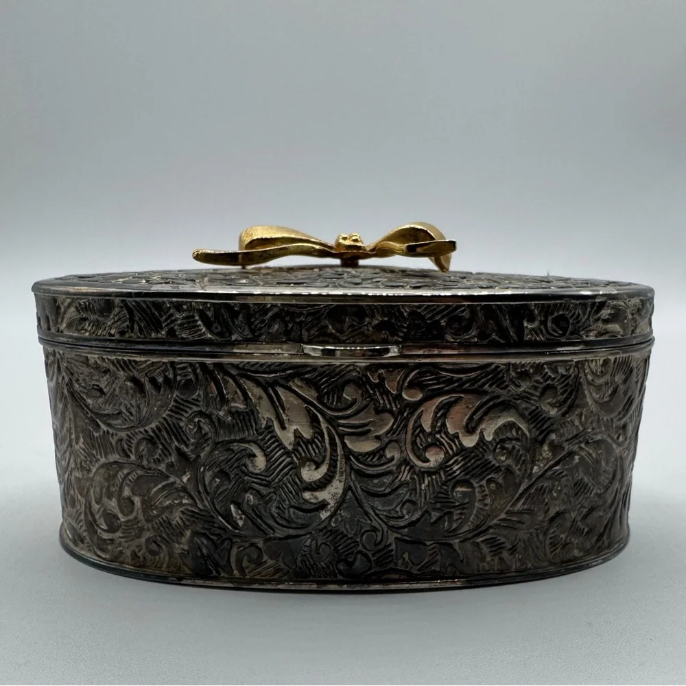 Victorian Style Silver Plated Trinket Box 1 3/4x4 inches With Red Insert Velvet